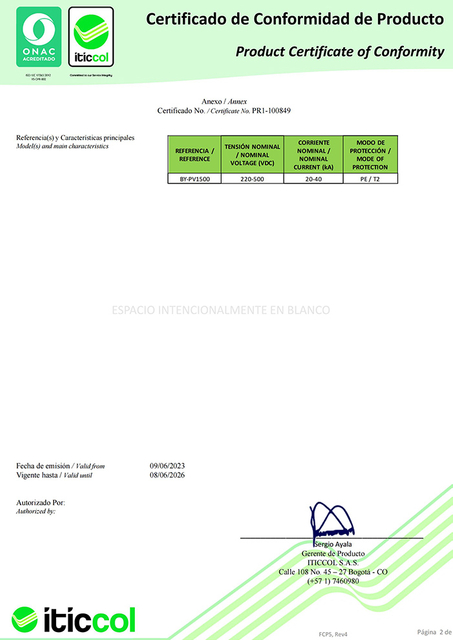 Certificato scaricatore di sovratensione Colombia_01